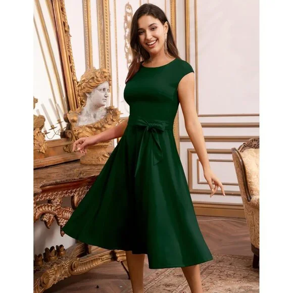 dark green modest dress Keya Emerald Green Satin Ring Buckle Modest Dress – House Of Haniya main image 1